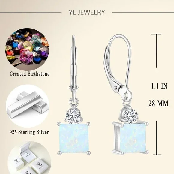 Princess Emerald Cut Dangle Earrings for Women, Solid 925 Sterling Silver 18K Wh